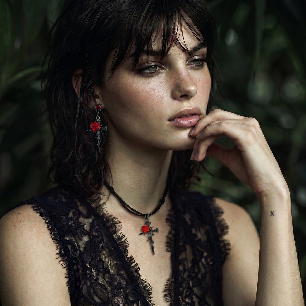 Thorned Rose Cross Jewellery Set | Gothic Necklace & Earrings