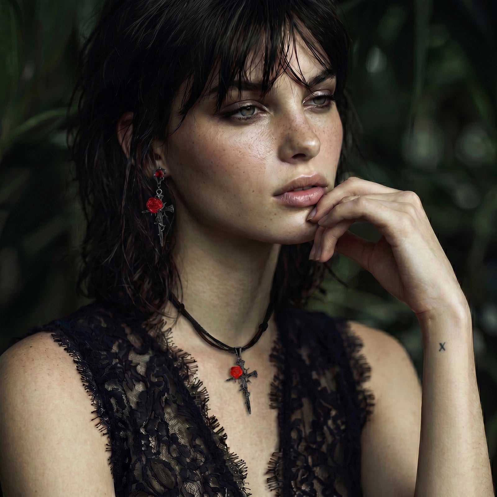 Thorned Rose Cross Jewellery Set | Gothic Necklace & Earrings