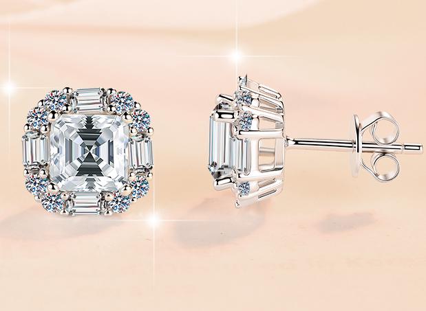 Emerald Cut Floral Halo Stud Moissanite Earrings in 925 Silver