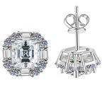 Emerald Cut Floral Halo Stud Moissanite Earrings in 925 Silver