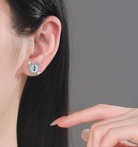 Emerald Cut Floral Halo Stud Moissanite Earrings in 925 Silver