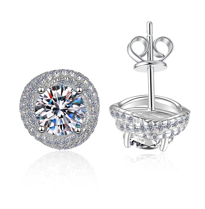 Round Solitaire Micro Pavé Stud Moissanite Earrings in 925 Silver