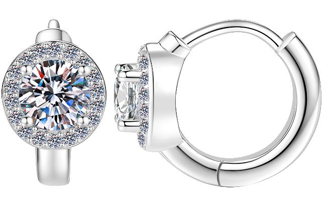 Round Halo Small Hoop Moissanite Earrings in 925 Sterling Silver