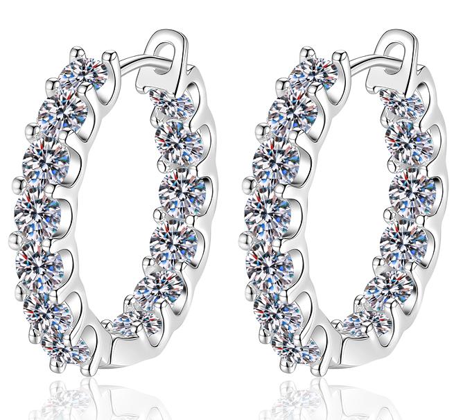 Round Stone Full Hoop Moissanite Earrings in 925 Sterling Silver