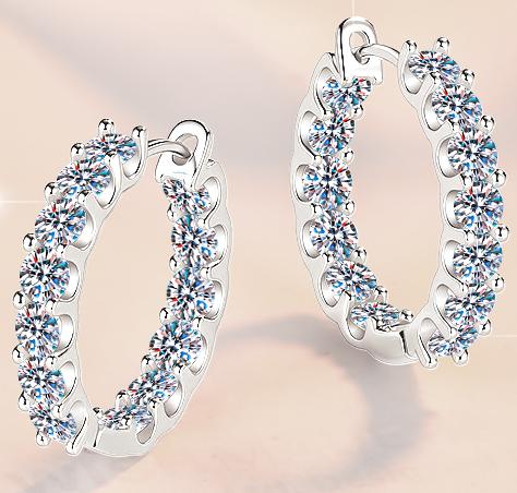 Round Stone Full Hoop Moissanite Earrings in 925 Sterling Silver