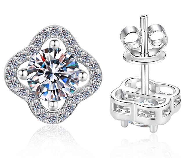 Four Petal Halo Stud Moissanite Earrings in 925 Sterling Silver