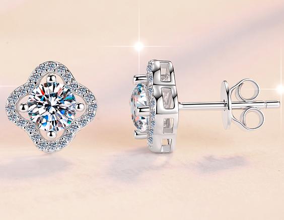 Four Petal Halo Stud Moissanite Earrings in 925 Sterling Silver