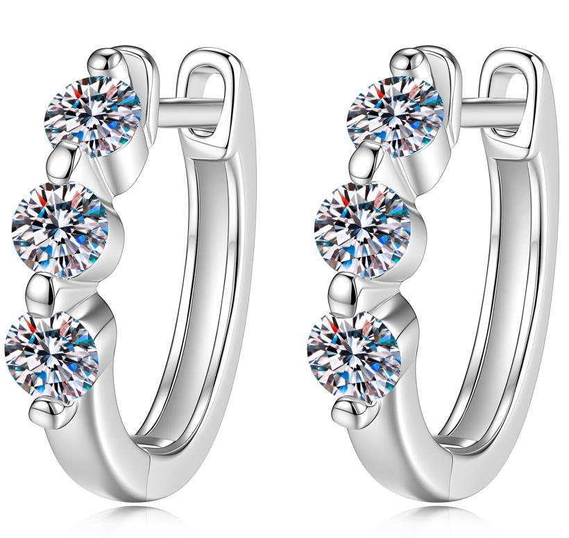 Three Stone Graduated Hoop Moissanite Earrings in 925 Sterling Silver