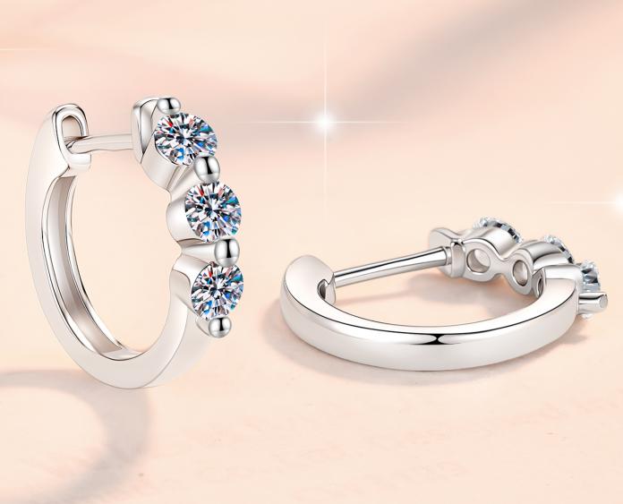 Three Stone Graduated Hoop Moissanite Earrings in 925 Sterling Silver