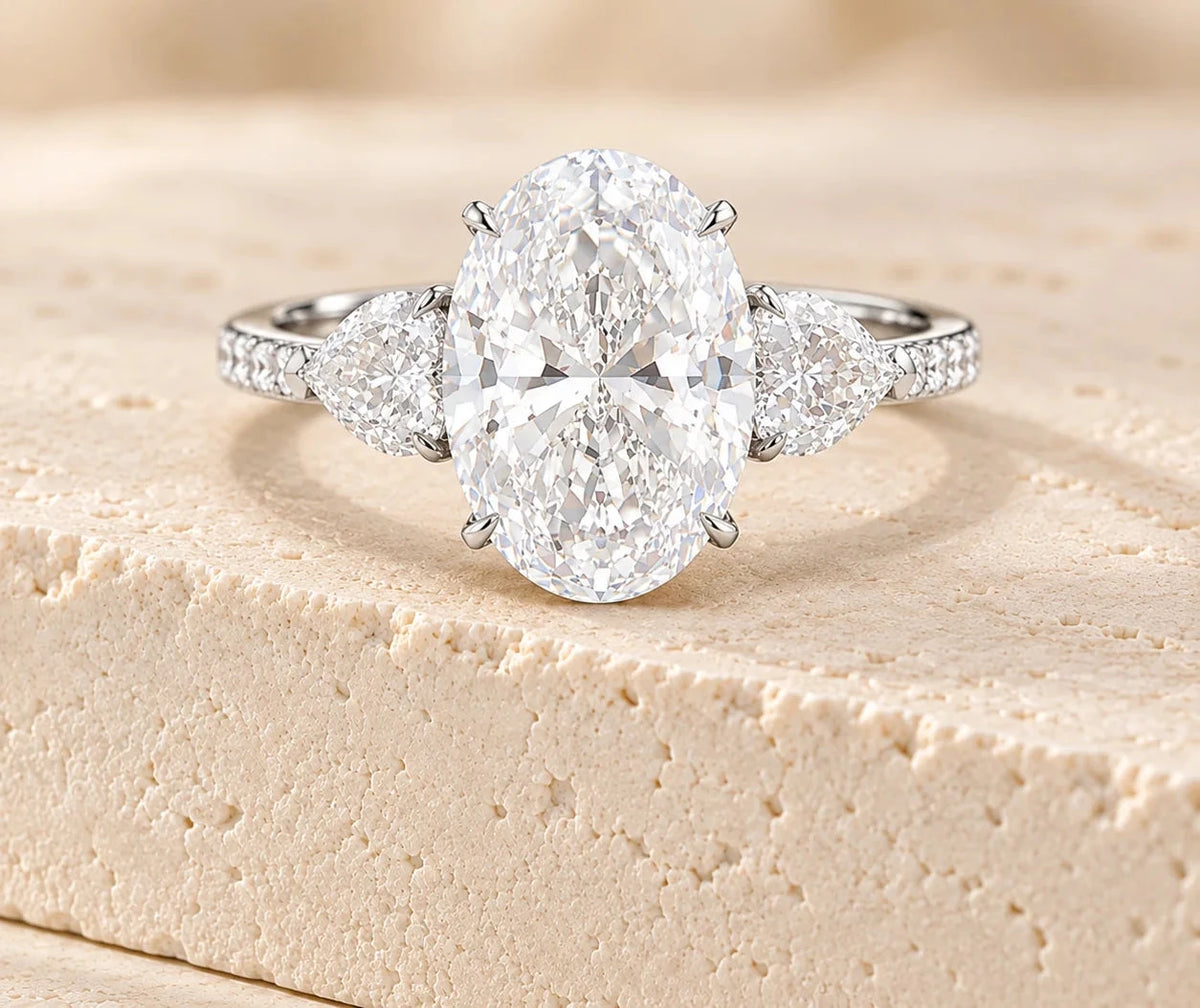 High Quality Oval Cut Lab Diamond Ring with Side Stones, 18K Gold, IGI Certified