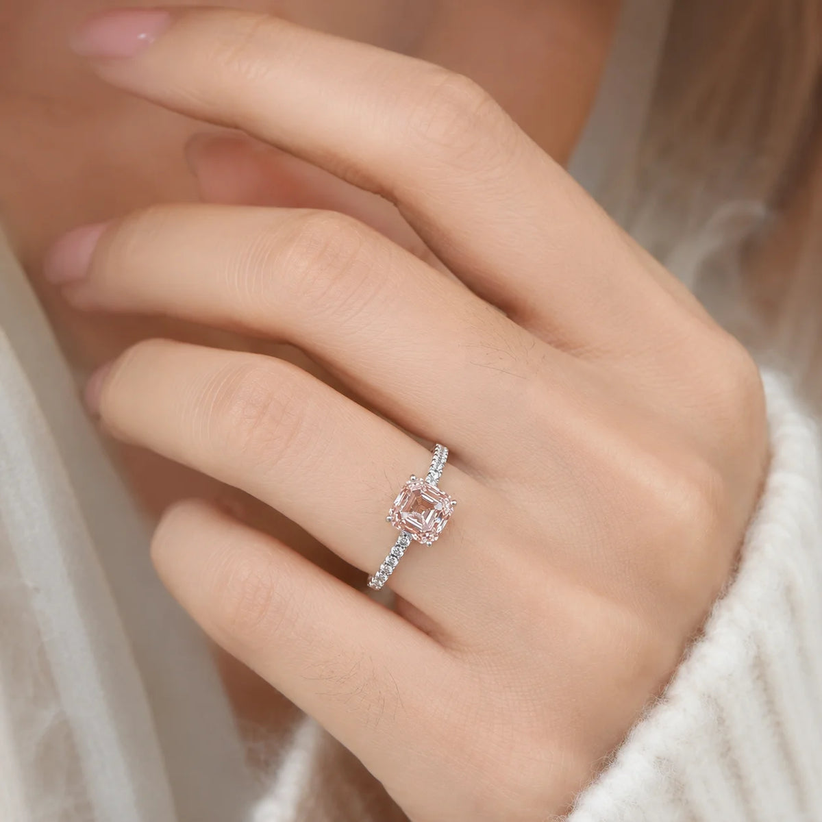 Women's Pink Lab Diamond Ring with Side Stones, Asscher Cut, 925 Silver