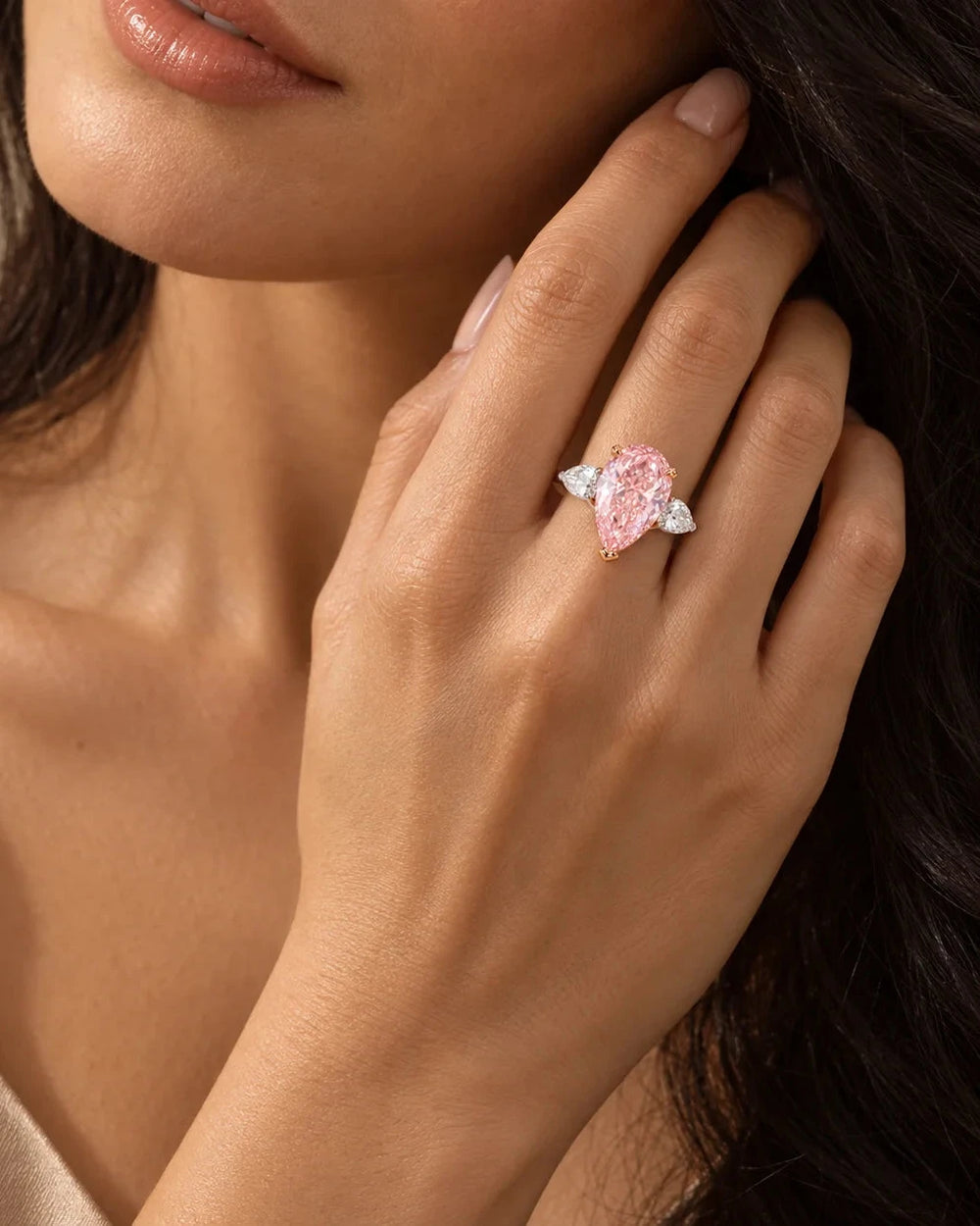 Pear Cut Fancy Pink Lab Diamond Ring, 18K Solid Gold, IGI Certified