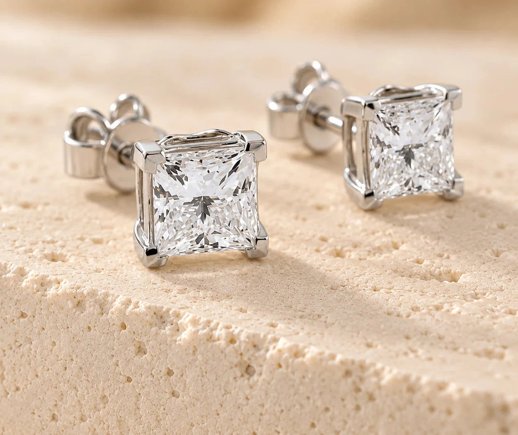 2ct VVS Lab Diamond Princess Cut Stud Earrings, 10K/14K/18K Gold