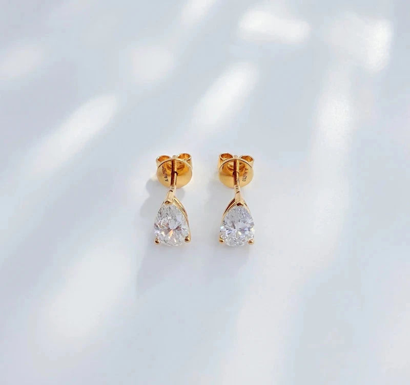 1ct Pear Cut Lab Grown Diamond Stud Earrings, 18K Gold