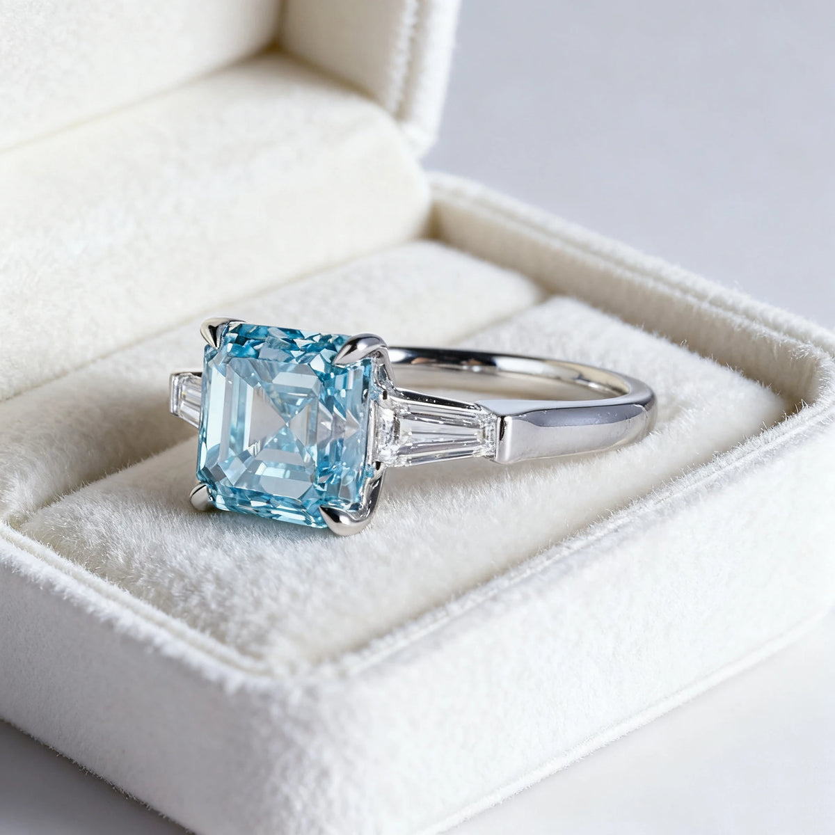 Asscher Cut Fancy Blue Lab Diamond Ring, 18K Gold, IGI Certified