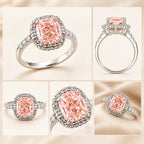 Women's Pink Lab Diamond Ring with Side Stones, Cushion Cut, 925 Silver