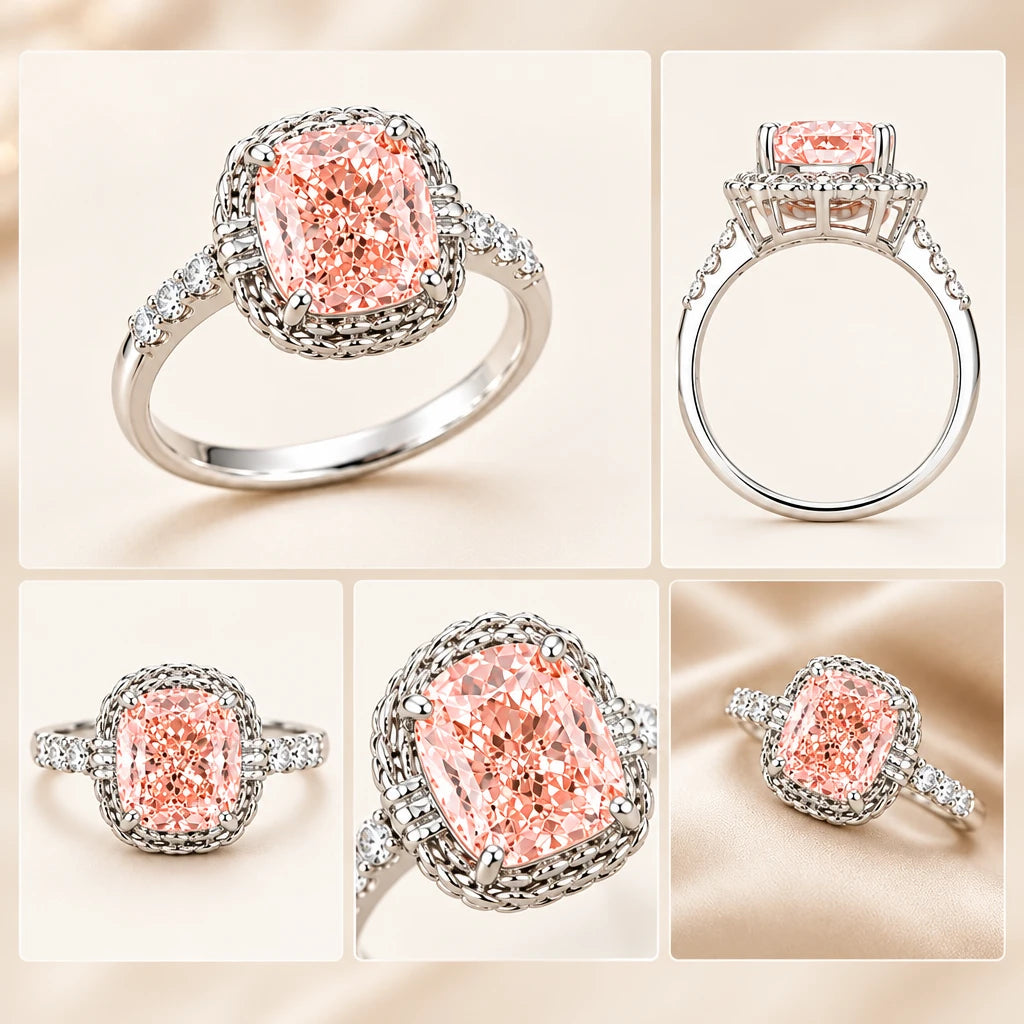 Women's Pink Lab Diamond Ring with Side Stones, Cushion Cut, 925 Silver