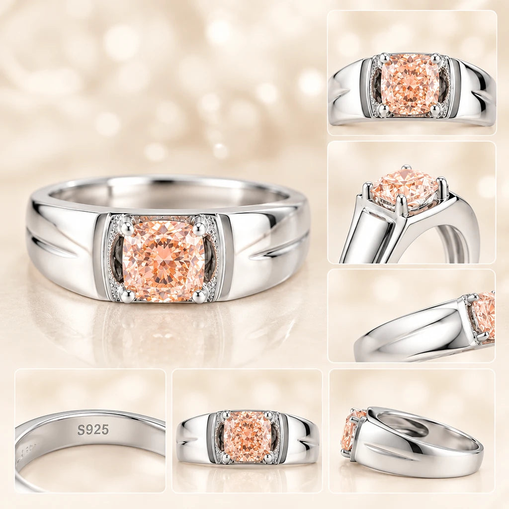 Pink Lab Grown Diamond Ring with Side Stones, Cushion Cut, 1–1.6ct, 925 Silver