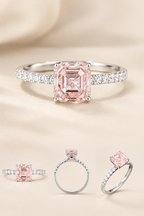 Women's Pink Lab Diamond Ring with Side Stones, Asscher Cut, 925 Silver