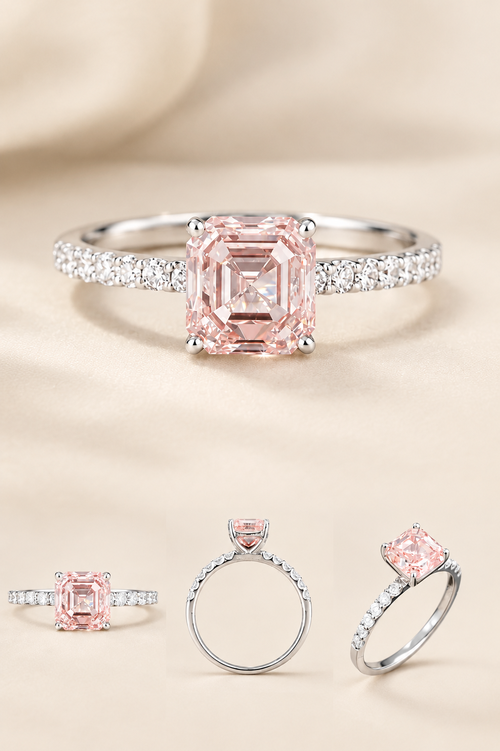 Women's Pink Lab Diamond Ring with Side Stones, Asscher Cut, 925 Silver