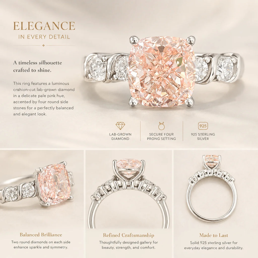 Fancy Pink Lab Diamond Ring with Side Stones, Cushion Cut, 925 Silver