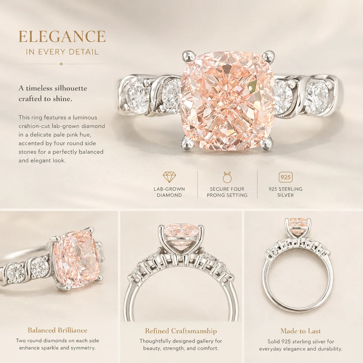 Fancy Pink Lab Diamond Ring with Side Stones, Cushion Cut, 925 Silver