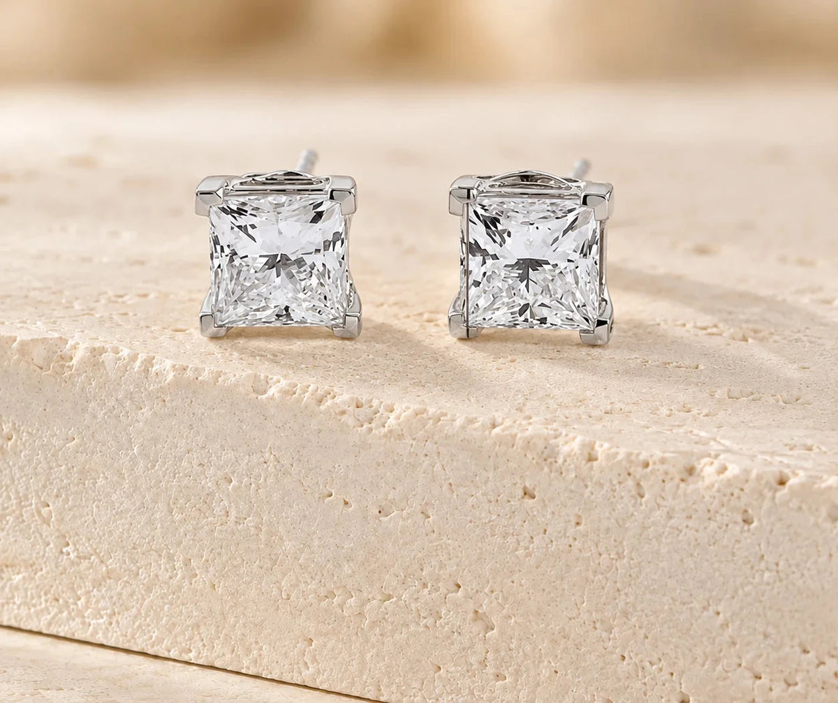 2ct VVS Lab Diamond Princess Cut Stud Earrings, 10K/14K/18K Gold