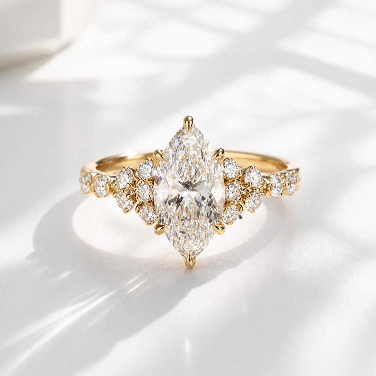 Marquise Cut VVS Lab Diamond Ring with Side Stones, 2ct, 18K Gold, IGI Certified