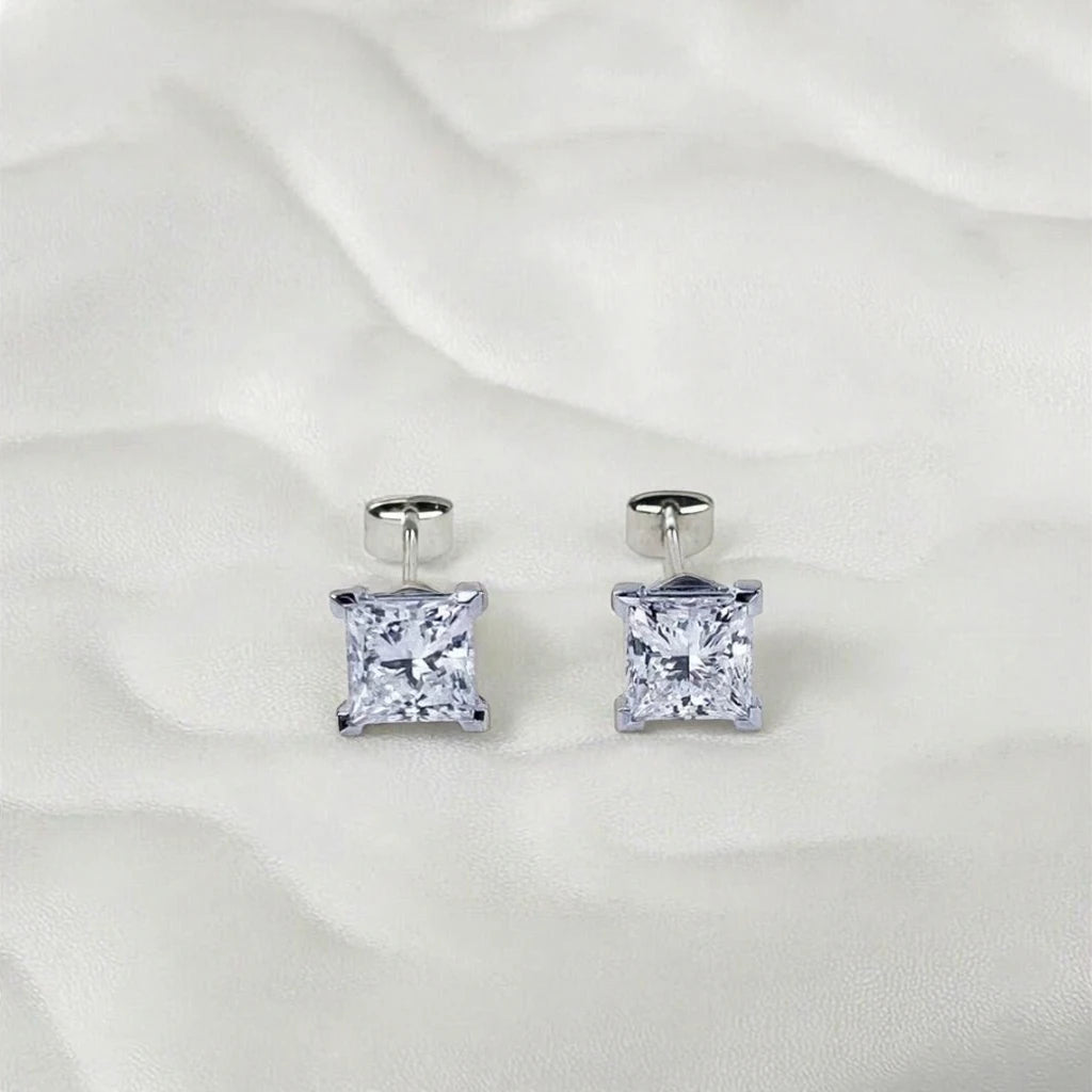 2ct VVS Lab Grown Diamond Princess Cut Stud Earrings, 18K Gold