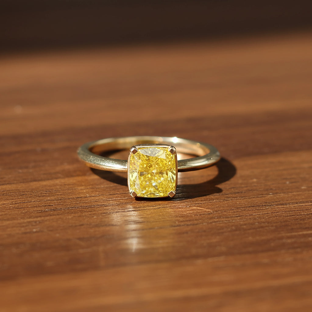 Cushion Cut Fancy Yellow Lab Diamond Ring, 18K Gold, IGI Certified