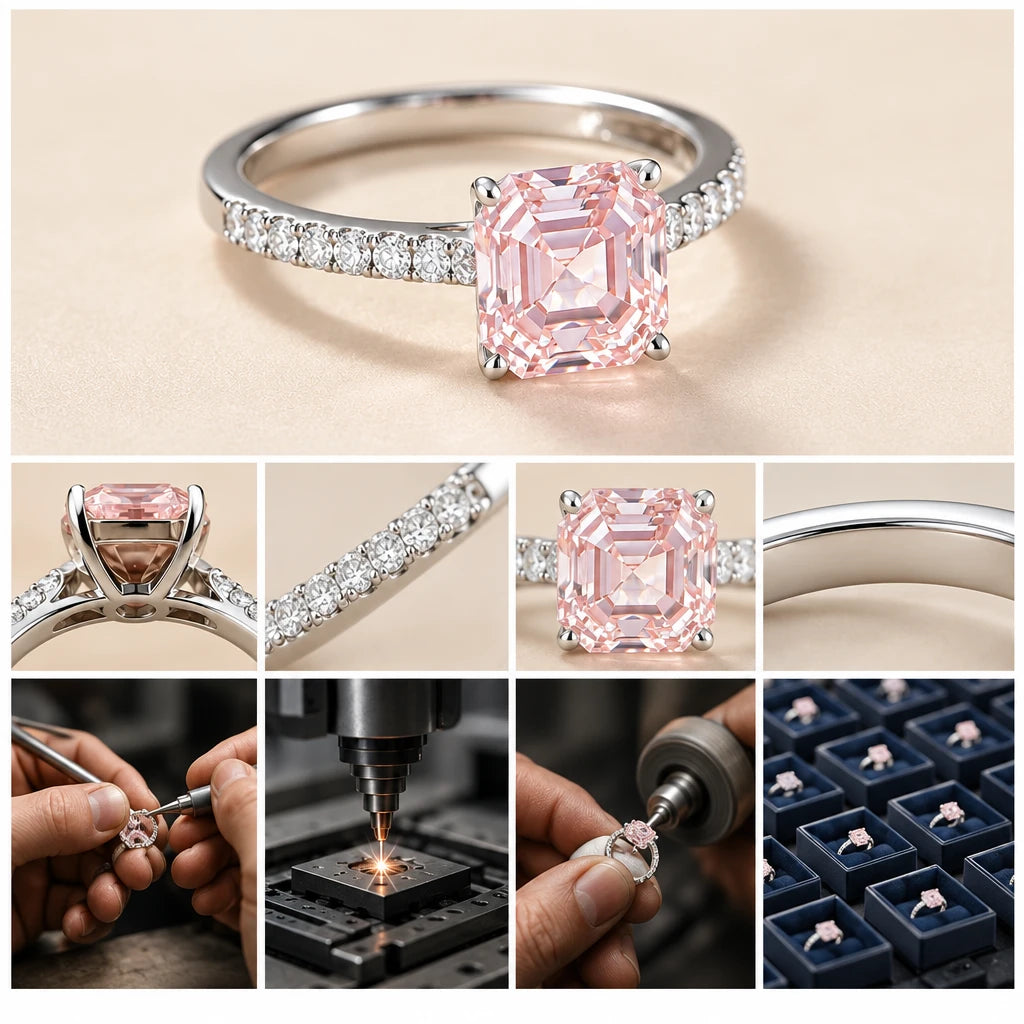 Women's Pink Lab Diamond Ring with Side Stones, Asscher Cut, 925 Silver