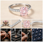 Women's Pink Lab Diamond Ring with Side Stones, Asscher Cut, 925 Silver