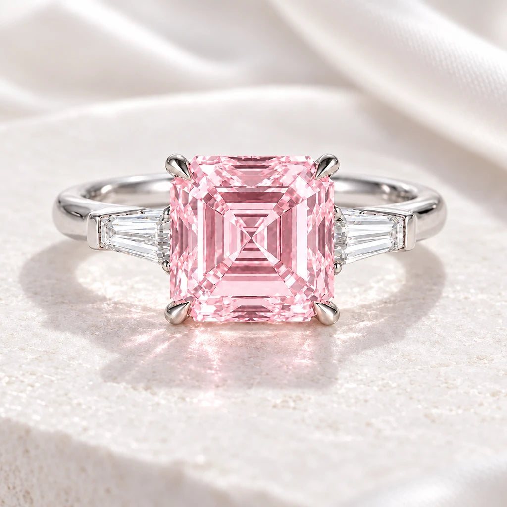 Asscher Cut Fancy Pink Lab Diamond Ring, 18K Gold, IGI Certified