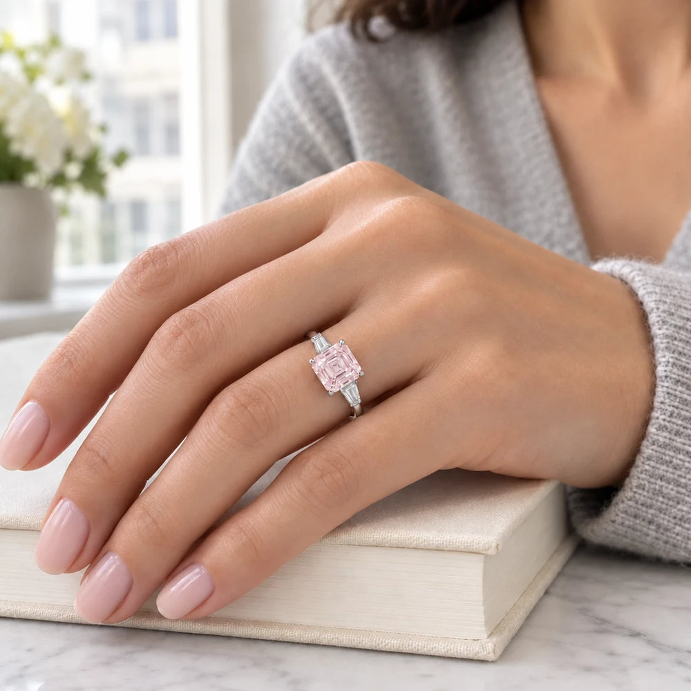 Asscher Cut Fancy Pink Lab Diamond Ring, 18K Gold, IGI Certified