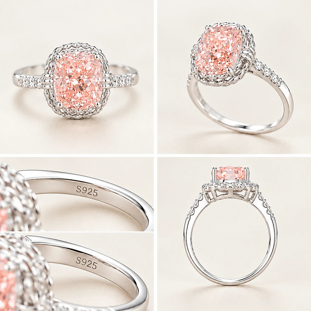 Women's Pink Lab Diamond Ring with Side Stones, Cushion Cut, 925 Silver