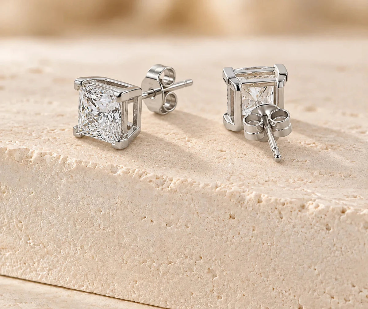 2ct VVS Lab Diamond Princess Cut Stud Earrings, 10K/14K/18K Gold