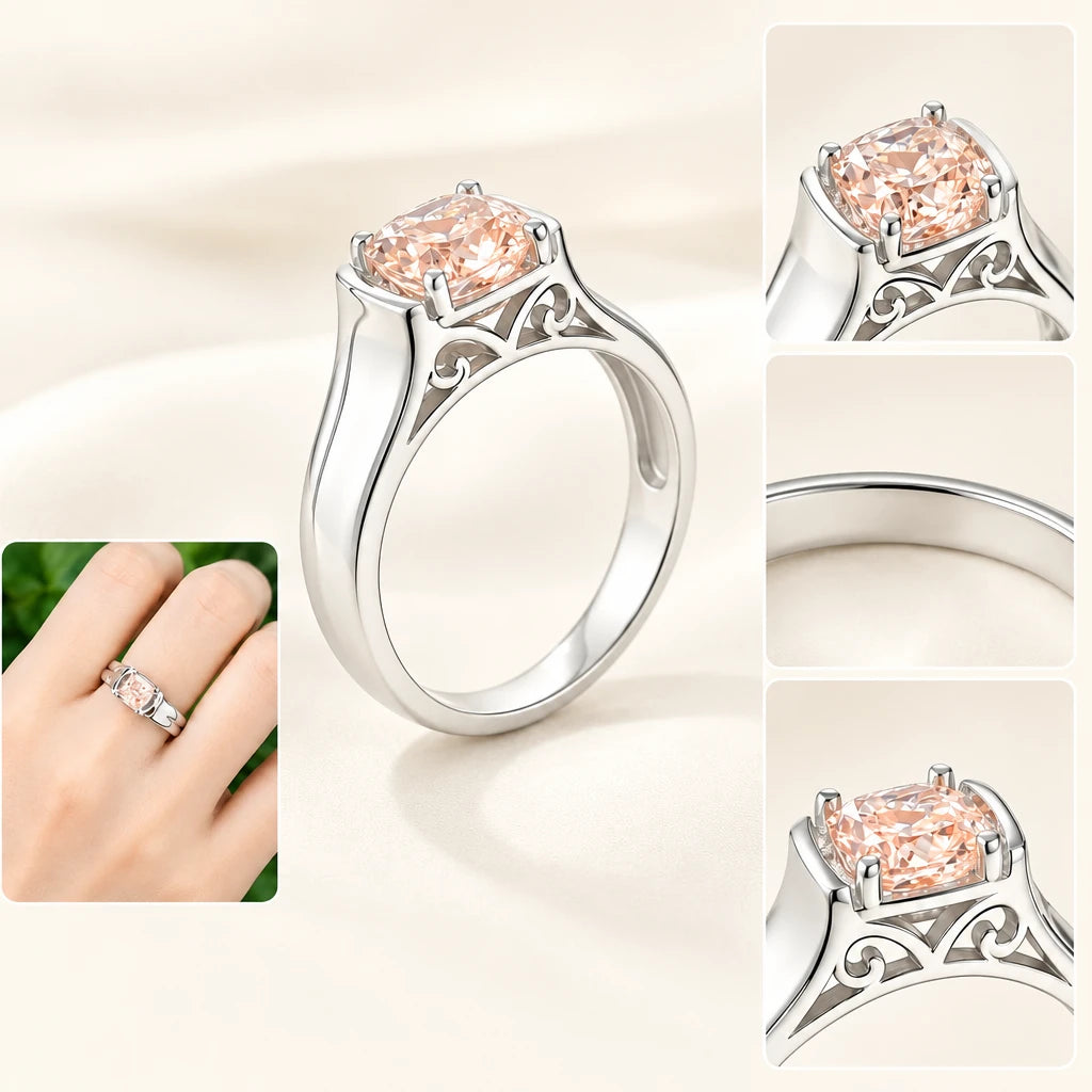 Pink Lab Grown Diamond Ring with Side Stones, Cushion Cut, 1–1.6ct, 925 Silver
