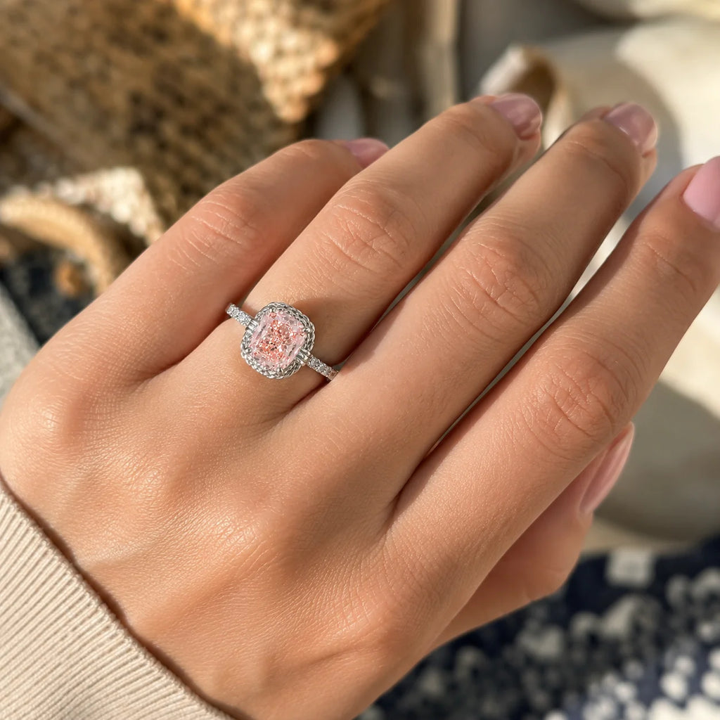 Women's Pink Lab Diamond Ring with Side Stones, Cushion Cut, 925 Silver
