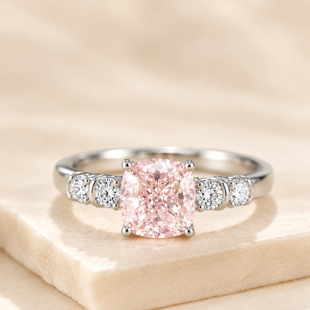 Fancy Pink Lab Diamond Ring with Side Stones, Cushion Cut, 925 Silver