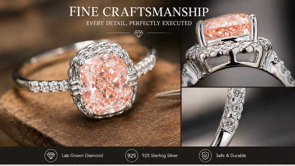 Women's Pink Lab Diamond Ring with Side Stones, Cushion Cut, 925 Silver