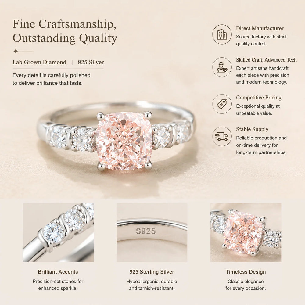 Fancy Pink Lab Diamond Ring with Side Stones, Cushion Cut, 925 Silver