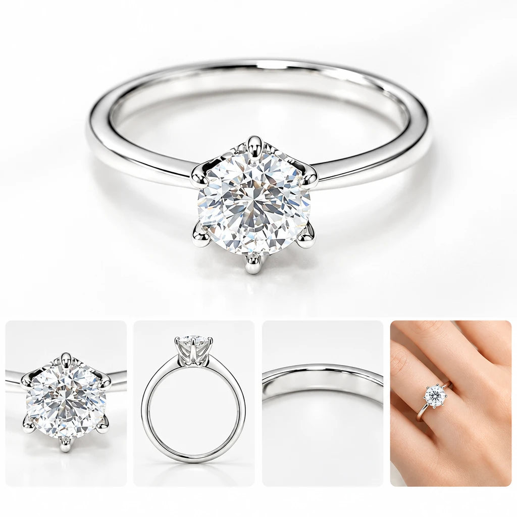 Round Lab Grown Diamond Ring, 925 Silver, D Colour