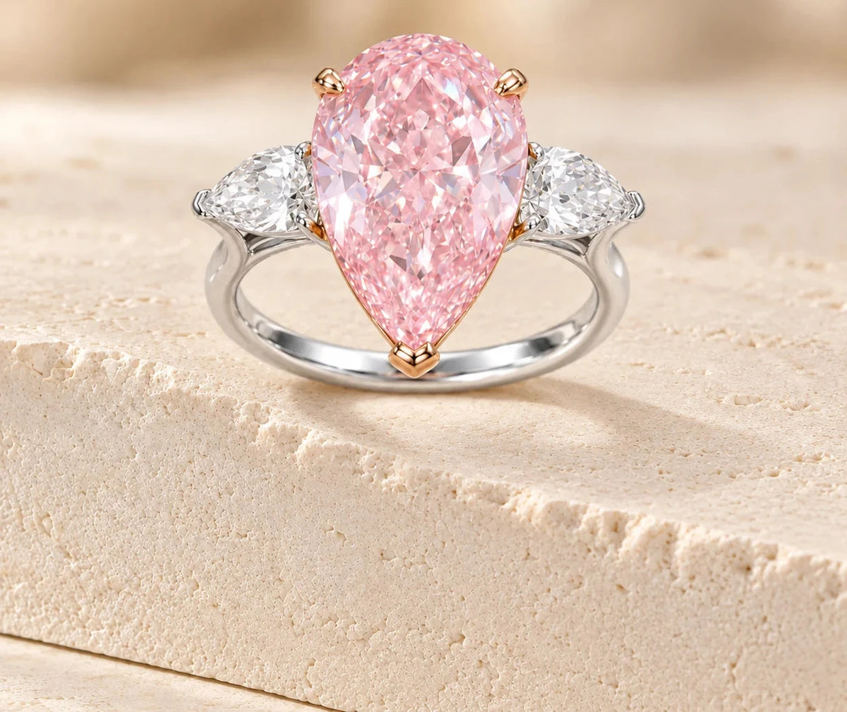 Pear Cut Fancy Pink Lab Diamond Ring, 18K Solid Gold, IGI Certified