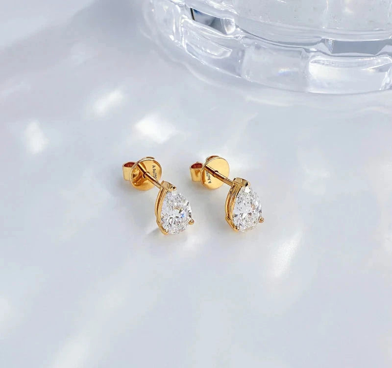 1ct Pear Cut Lab Grown Diamond Stud Earrings, 18K Gold