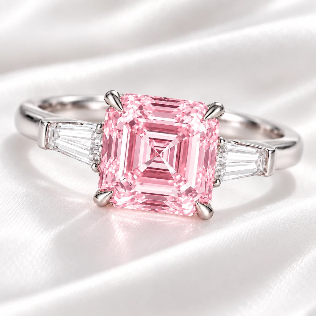 Asscher Cut Fancy Pink Lab Diamond Ring, 18K Gold, IGI Certified