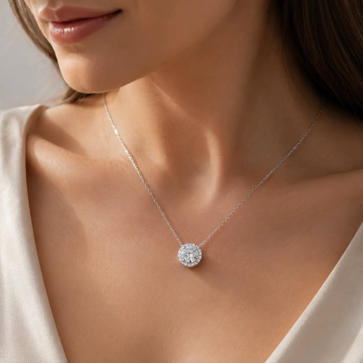 Round Brilliant Cut Lab Grown Diamond Necklace, 925 Silver