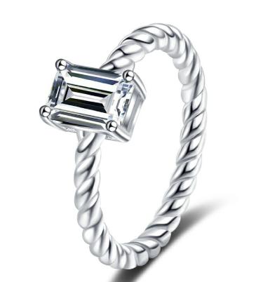 Emerald Cut Twisted Band Moissanite Ring in 925 Sterling Silver