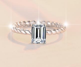 Emerald Cut Twisted Band Moissanite Ring in 925 Sterling Silver