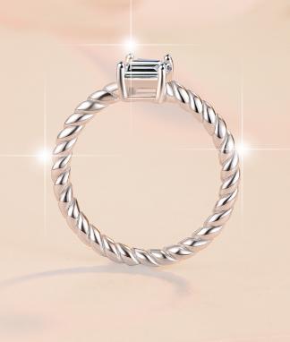 Emerald Cut Twisted Band Moissanite Ring in 925 Sterling Silver