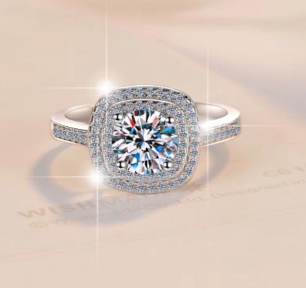 Square Halo Solitaire Moissanite Ring in 925 Sterling Silver